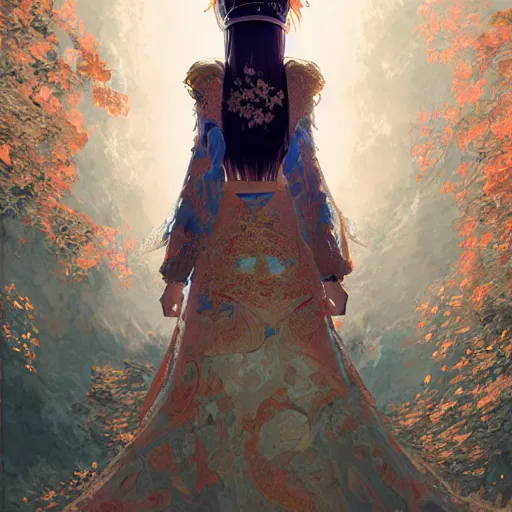 Image similar to beautiful young girl in intricate clothing by ross tran, walking in a castle painted by sana takeda, reflections, very high intricate details, painting, digital anime art, medium shot, mid - shot, composition by ilya kuvshinov, lighting by greg rutkowski