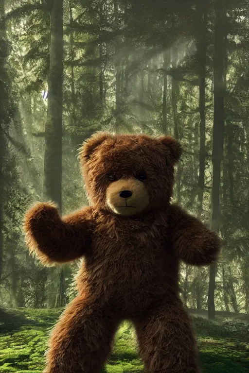 Image similar to mean fluffy teddybear wearing a Crysis Nanosuit in a forest with rays of light coming through the canopy, masterpiece, dystopian, sci-fi, extremely detailed, digital painting, sculpted in zbrush, artstation, concept art, smooth, sharp focus, illustration, chiaroscuro lighting, golden ratio, incredible art, artgerm, greg rutkowski, alphonse mucha, simon stalenhag, carravaggio