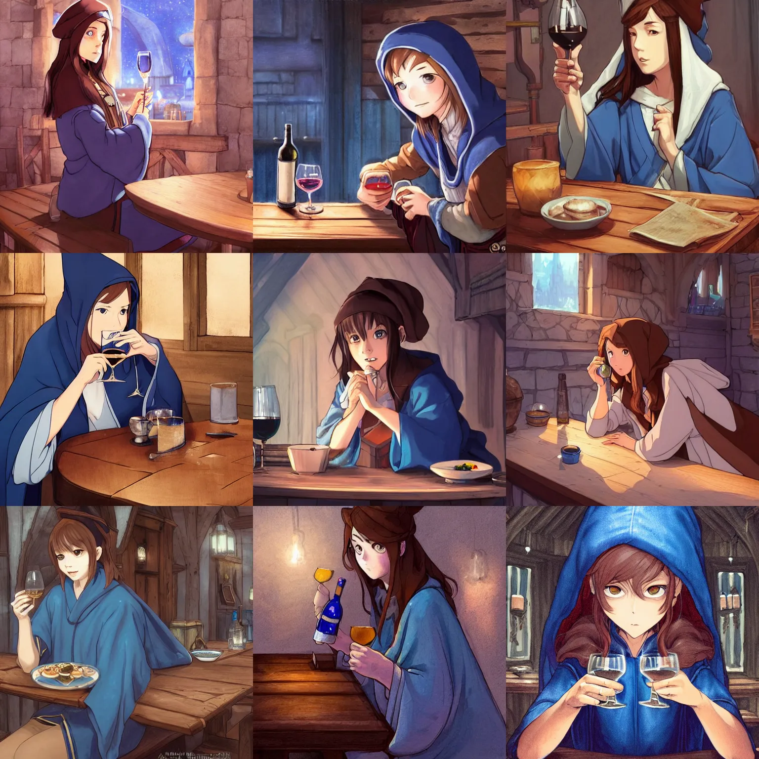 Prompt: a drunk female wizard with brown hair wearing a blue hood and blue robe sitting at a wooden table drinking a glass of wine in a medieval inn, ambient lighting, highly detailed, digital painting, trending on pixiv fanbox, studio ghibli, extremely high quality artwork, art by ross tran and artgerm and makoto shinkai