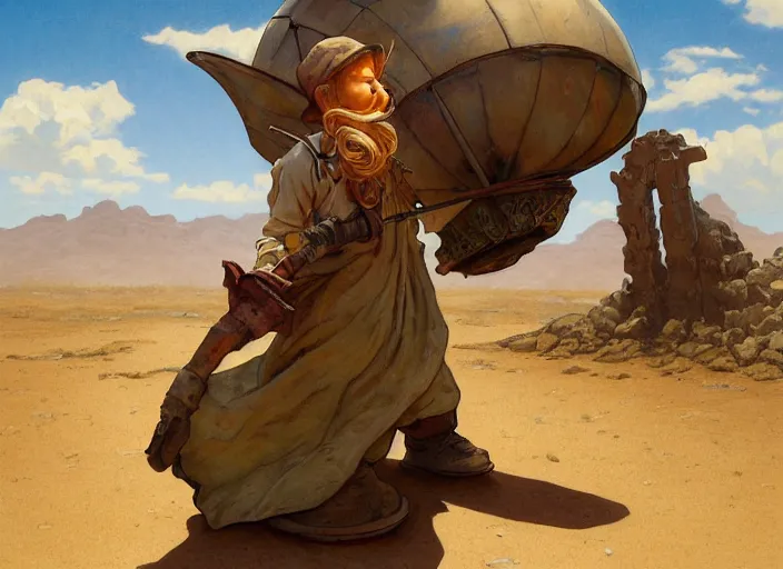 Prompt: a forgotten garden gnome surviving in a vast barren desert, hopeless wasteland background with a relentless raging sun overhead, hot, oppressive, an ultrafine detailed painting by stanley artgerm lau, greg rutkowski, thomas kindkade, alphonse mucha, loish, trending on deviantart, pop surrealism, whimsical, lowbrow, perfect symmetrical face