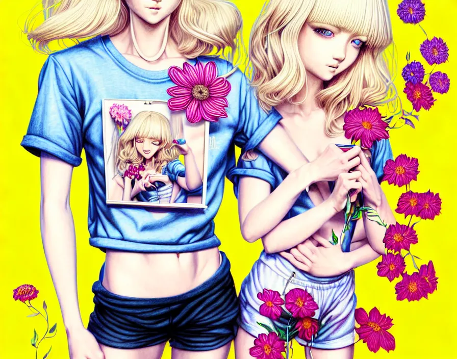 Image similar to richly detailed colored pencil 3D illustration of a beautiful French woman with short bleached blonde hair wearing a long Tshirt and black shorts that is sewing thread drawings of flowers into her thigh. mirrored background with completely rendered reflections, art by Range Murata and Artgerm.