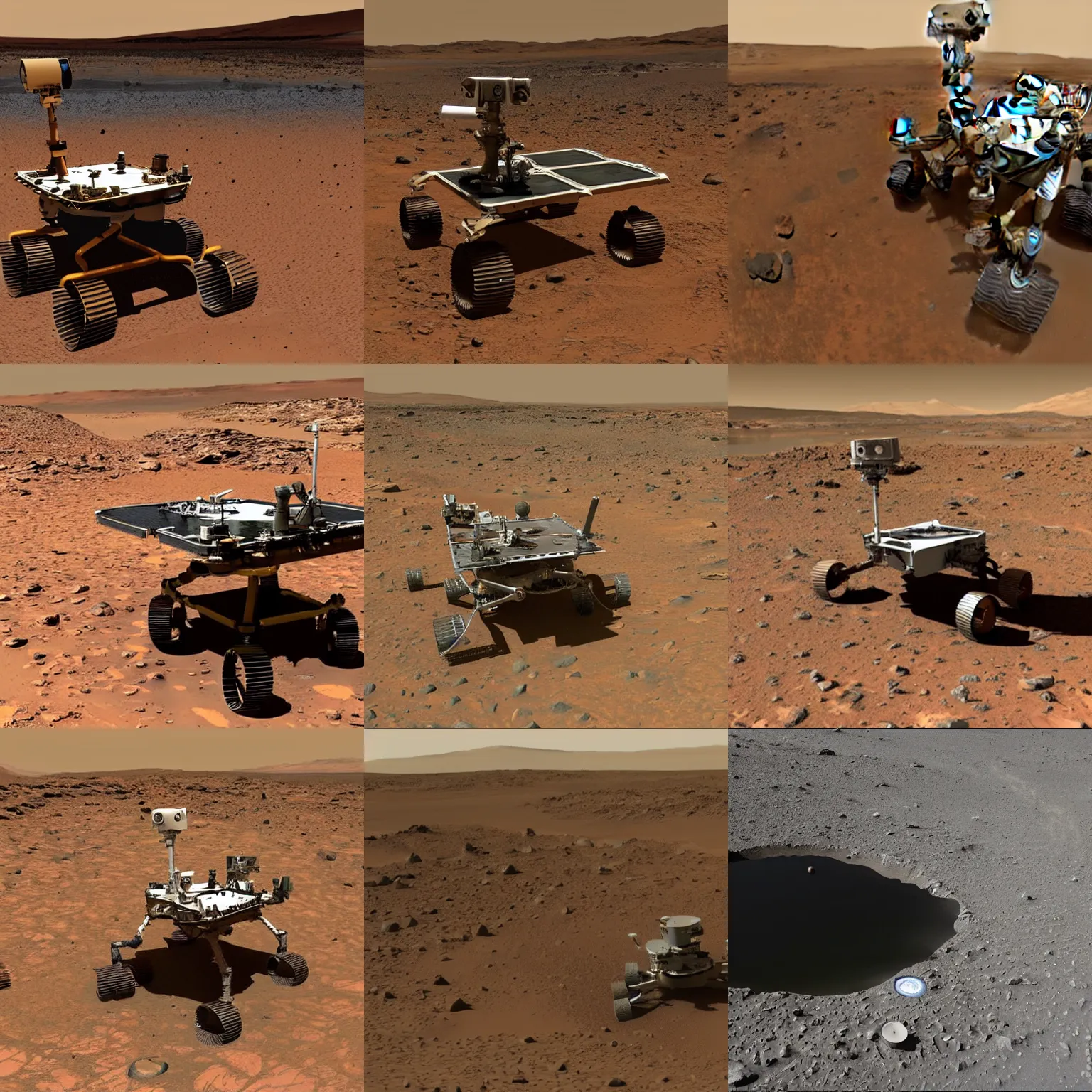 Prompt: The Mars rover facing a fish pond on the Martian surface