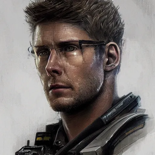 Image similar to portrait of a man by greg rutkowski, jenzen ackles as a weyland - yutani mercenary, from aliens franchise, he is about 3 0 years old, military composure, wearing white and black colored tactical gear, highly detailed portrait, digital painting, artstation, concept art, smooth, sharp foccus ilustration, artstation hq