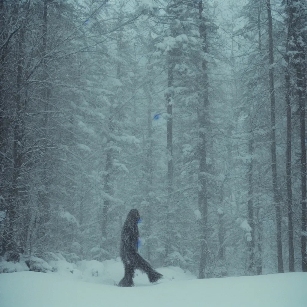 Image similar to photo, bigfoot is hiding in the background. cold color temperature, snow storm. hazy atmosphere. humidity haze. kodak ektachrome, greenish expired film, award winning, low contrast