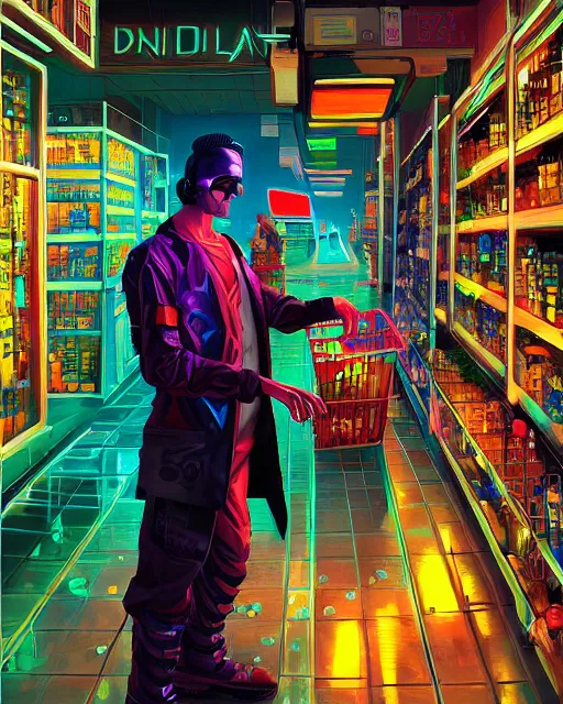 Image similar to cyberpunk man shopping at a neon soaked grocery store, science fiction painting, elegant intricate digital painting artstation, art by salvador dali, detailed