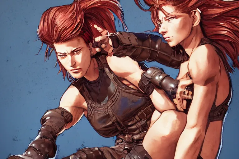 Prompt: a muscular bronze - skinned blue - eyed woman fighter, wearing a black cropped tank top, military pants, brown boots, wrapped arms, tribal tattoo on the right arm, wavy big red hair, 8 0's hairstyle, red gorgeous lips, highly detailed, cool action pose, ilya kuvshinov, trending on art station, illustration, manga