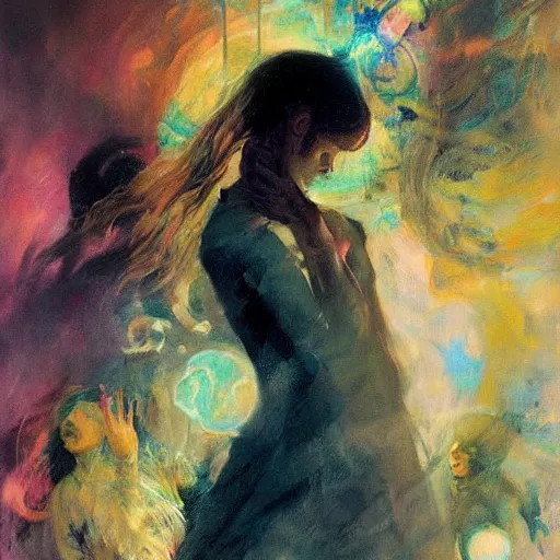 Prompt: A conceptual art. A rip in spacetime. Did this device in her hand open a portal to another dimension or reality?! misty rose by Leon Kossoff, by Anders Zorn, by Android Jones lush