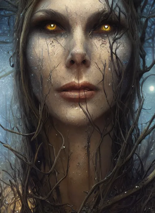 Image similar to close - up face portrait of a beautiful skinny woman crying as witch in front of the full big moon in a fantasy forest, by james gurney, greg rutkowski, highly detailed digital art, artstation