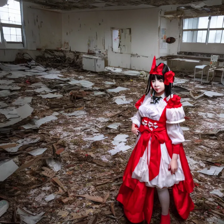 Image similar to atmospheric Polaroid photo of a reimu hakurei cosplayer in an abandoned facility