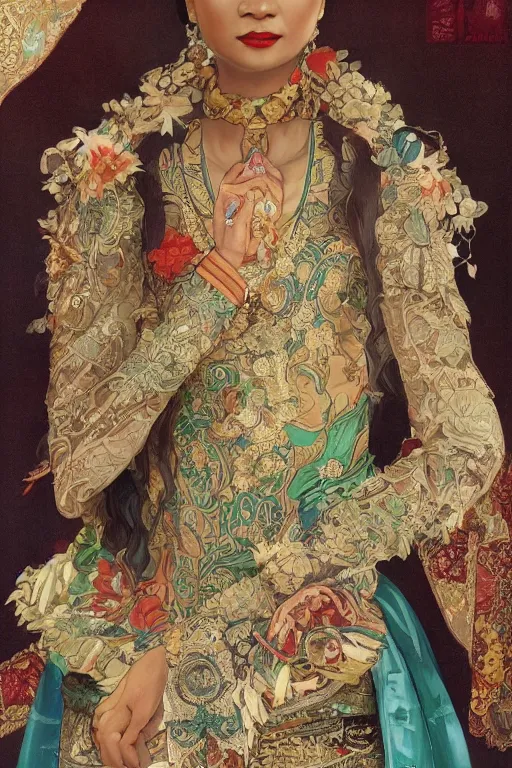 Prompt: portrait of an indonesian supermodels wearing traditional costume,!!!! very coherent!!!! highly detailed, digital painting, artstation, concept art, sharp focus, illustration, art by kittichai rueangchaichan and james gurney and alphonse mucha