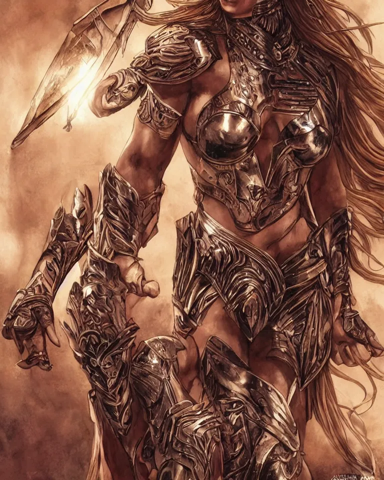 Image similar to cadence lux as an amazon warrior, a tall beautiful woman with brown skin and long hair, dressed in hellenistic body armor, intricate, elegant, highly detailed, smooth, sharp focus, detailed face, art by ardian syaf