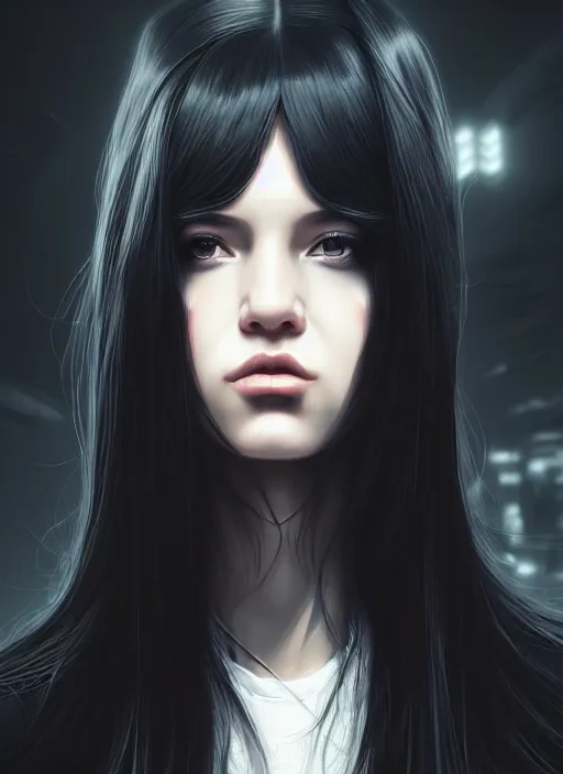 Prompt: portrait of long black hair girl within a streetwear. cynical face, concept art, cyberpunk illustration, intricate, highly detailed 8 k, smooth, matte, sharp focus, rim light, beautiful and aesthetic shape of face and body, artgerm, artstation, art by gharliera