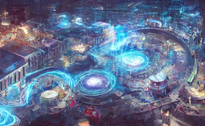 Prompt: pepople and a spiral - shaped white luminous attractor is floating on the ground in soviet city, concept art, art for the game, professional lighting, art painted by jehronym bosch