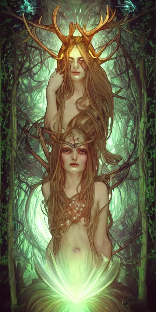 Prompt: intense bioluminescent glowing pagan god with antlers and tusks and pure black eyes in very dark forest by artgerm and alphonse mucha, portrait, fantasy, clear, light beams, lens flare, intense, uhd, amazing depth, cinematic lighting