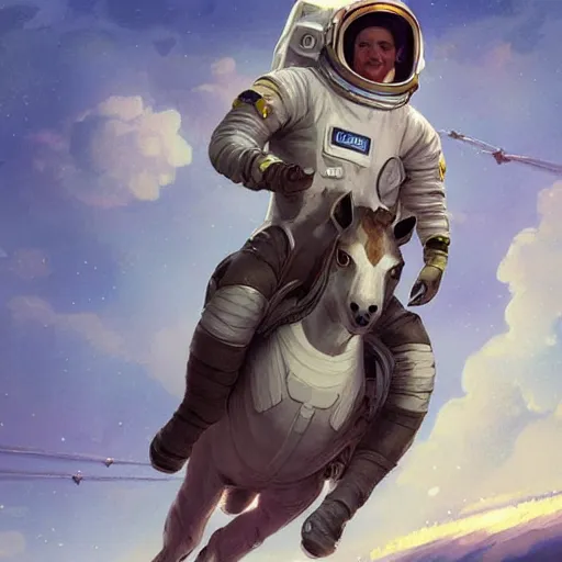 Image similar to Astronaut riding a spaceship, highly detailed, digital painting, artstation, concept art, smooth, sharp focus, illustration, art by artgerm and greg rutkowski and alphonse mucha