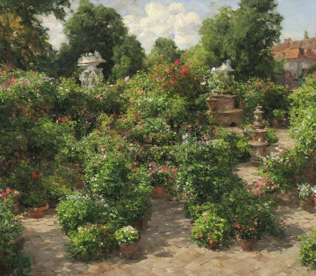 Image similar to Small garden with hedges, center fountain. Paving stones. Vegetable garden, some flowers. history painting, artificial sun light, peaceful tiny walled garden, artstation, oil on canvas, by Albert Aublet, Private Collection