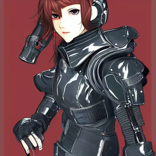 Prompt: girl wearing full suit of retro techwear armor, intricate armor design, shigenori soejima illustration, heavy lineart, oil on canvas