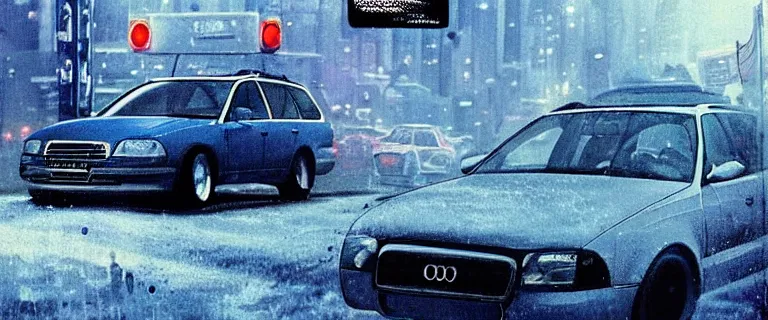 Prompt: Denim Blue Audi A4 B6 Avant (2002), a gritty neo-noir, dramatic lighting, cinematic, establishing shot, extremely high detail, photorealistic, cinematic lighting, artstation, by simon stalenhag, Max Payne (PC) (2001) winter new york