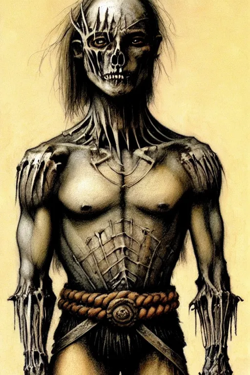 Image similar to character concept art, full view. a large grayskinned covered in scars muscular calm man with black shorn hair. calm face. partially dressed in armor made entirely of bones, long loincloth, thick belt, kneepads. extremely high details, solo, realistic, masterpiece, art by beksinski, arthur rackham, dariusz zawadzki