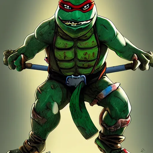 Image similar to a zombie teenage ninja mutant turtle, artstation.