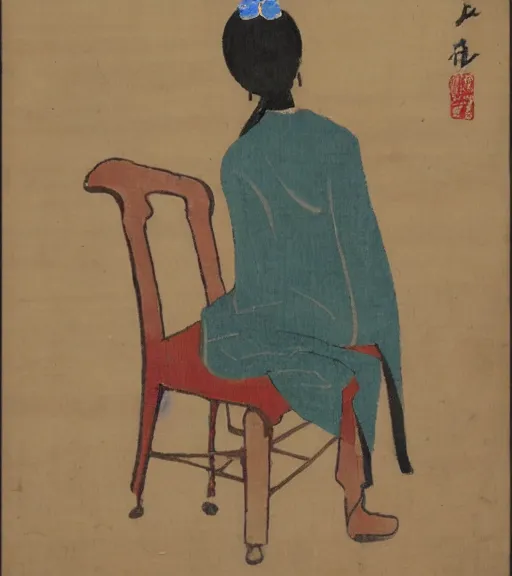 Image similar to a woman with a flower in her head sits on a chair in the corner of an empty room, view from behind, xue jiye