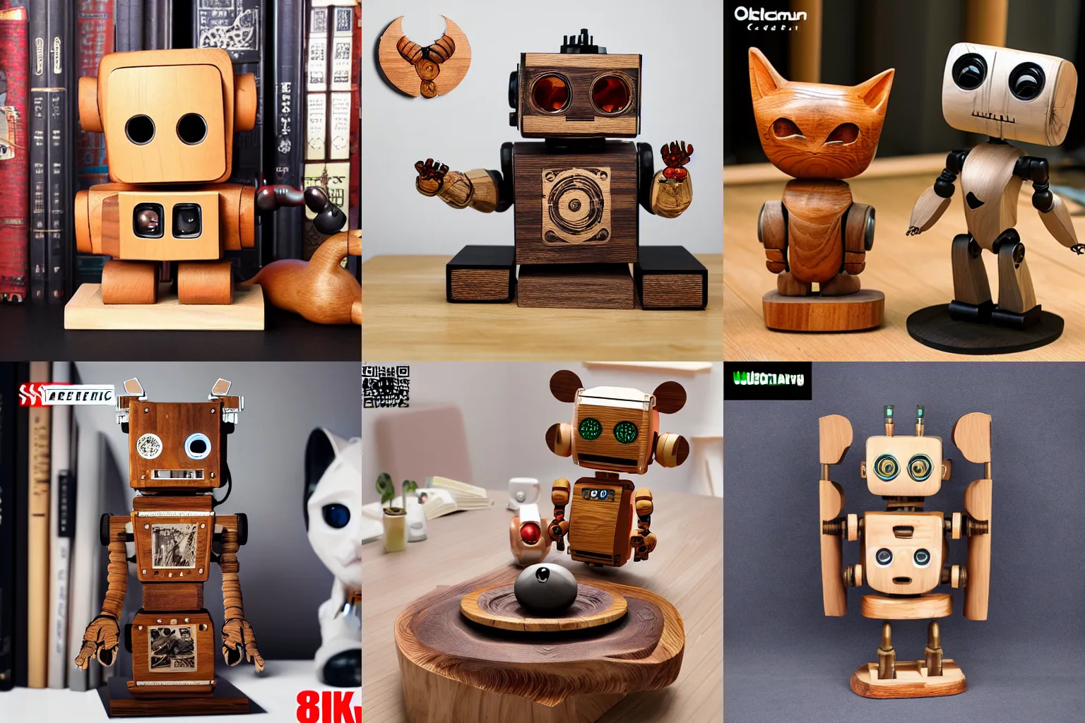 Prompt: ultra realistic 8k octan photo, carving art collection wooden art toys on stand, very cute robot zen with cat ear cyberpunk ,Art Nouveau in a contemporary art gallery