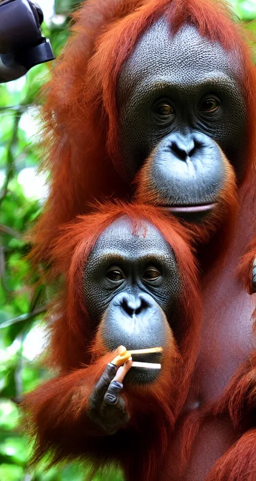 Image similar to Orangutan second-hand smoking, iPhone selfie