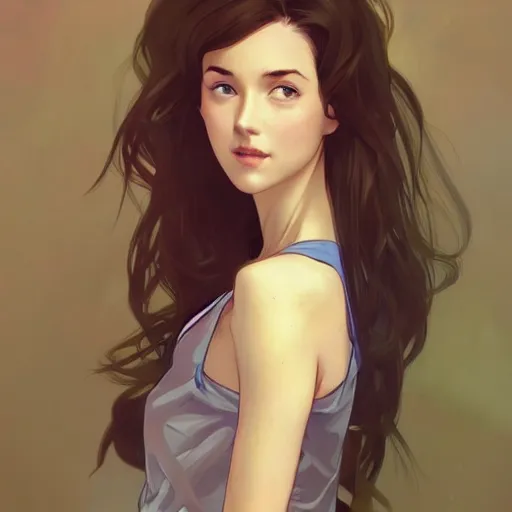 Prompt: gorgeous girl wearing a low cut top and a short skirt, hands in her hair. side-view, highly detailed, digital painting, artstation, concept art, smooth, sharp focus, illustration, art by artgerm and alphonse mucha, high definition digital art, in the style of Ross tran and ilya kuvshinov n-9
