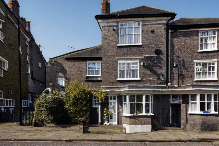 Image similar to cyberpunk, an estate agent listing photo, external view of a detached city house in the UK, London, sunny, by Paul Lehr, highly detailed, photorealistic, unreal engine, 8k, anamorphic, cinestill cinematrography