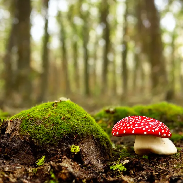 Prompt: amanita muscaria mushroom, in a woodland, moss, leaves, bokeh, depth of field, f / 2. 8