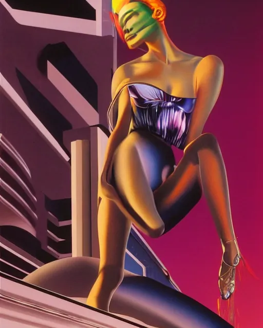 Image similar to a picture of a woman sitting on a ledge, cyberpunk art by allen jones and by james rosenquist and by noriyoshi ohrai, cgsociety, figurative art, airbrush art, made of liquid metal, synthwave