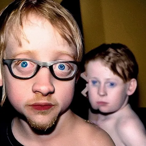 Prompt: An older Macaulay Culkin with lewd tattoos covering his body looking at a child version of himself in the mirror, looking sad.