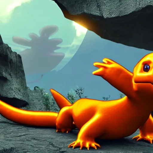 Image similar to cybertronic metallic Charmander, in a cave, unreal engine