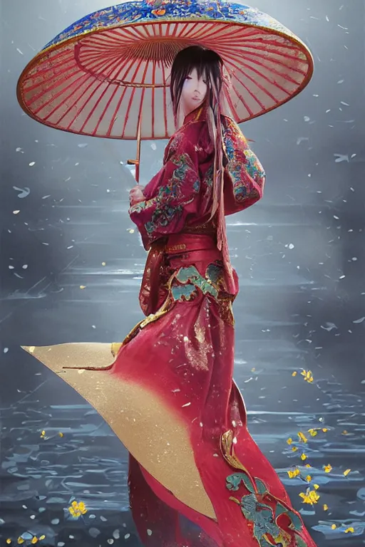 Image similar to portrait wuxia sword dance Asian Girl, Chinese costume, in forbidden City Rainning, flowers sea everywhere, ssci-fi, fantasy, intricate, very very beautiful, elegant, highly detailed, digital painting, artstation, concept art, smooth, sharp focus, illustration, art by tian zi and WLOP and alphonse mucha