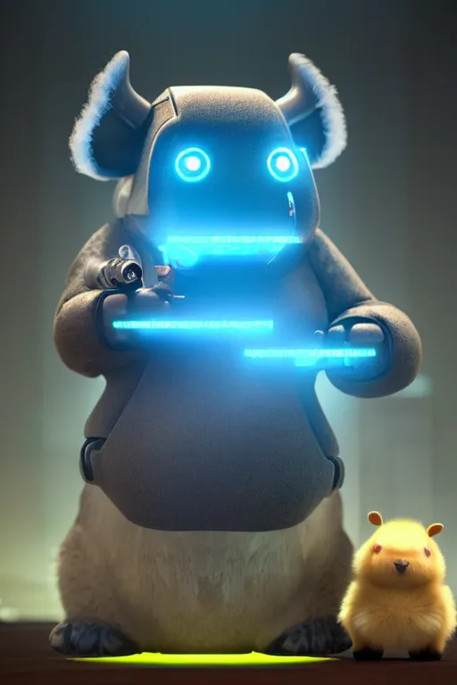 Image similar to high quality 3 d render sci - fi very cute cyborg cow & fluffy! wombat!! hybrid! drinking beer, highly detailed, unreal engine cinematic smooth, in the style of blade runner & detective pikachu, hannah yata charlie immer, dark blue neon light, low angle, uhd 8 k, sharp focus