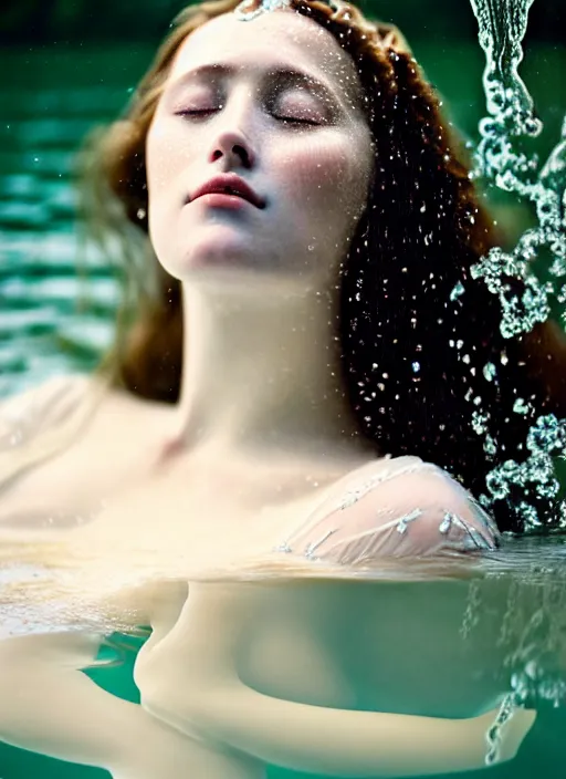 Prompt: Kodak Portra 400, 8K, soft light, volumetric lighting, highly detailed, sharp focus,britt marling style 3/4, Close-up portrait photography of a beautiful woman how pre-Raphaelites a woman with her eyes closed is surrounded by water + almost the entire face is immersed in water. a beautiful lace dress and hair are intricate with highly detailed realistic beautiful flowers , Realistic, Refined, Highly Detailed, natural outdoor soft pastel lighting colors scheme, outdoor fine art photography, Hyper realistic, photo realistic