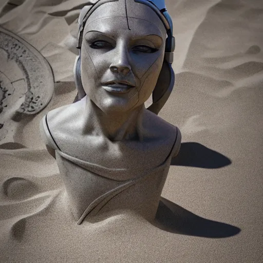 Image similar to the head of a marble cybernetic lady justice statue wearing a virtual reality headset on ground covered in sand, cyberpunk background, highly detailed, epic lighting, hyper photorealism, 8 k