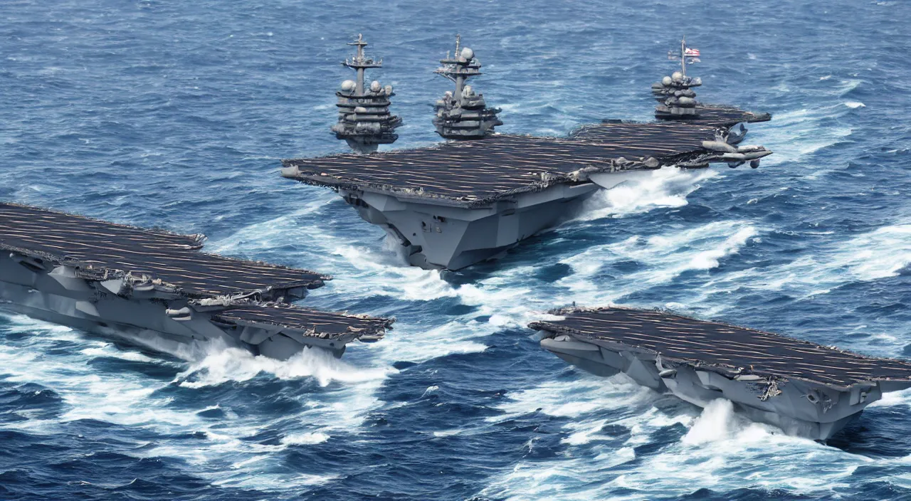 Prompt: us marines portrait in aircraft carrier, navy fleet, blue sky, high waves, highly detailed, by jimmy nelson