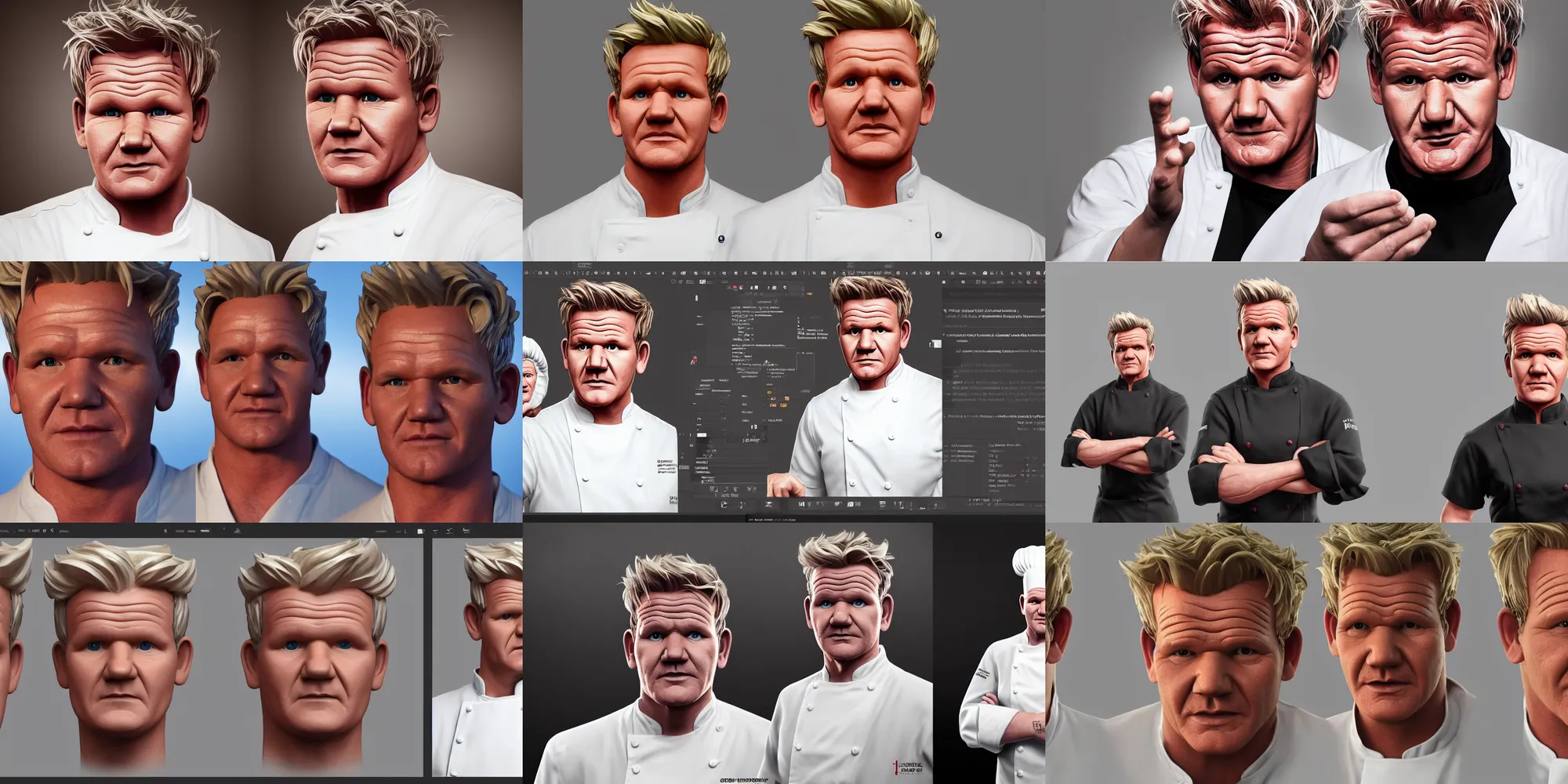 Prompt: gordon ramsay in a chef uniform, a high poly render by senior character artist, featured on artstation, sculpted in zbrush, rendered in keyshot