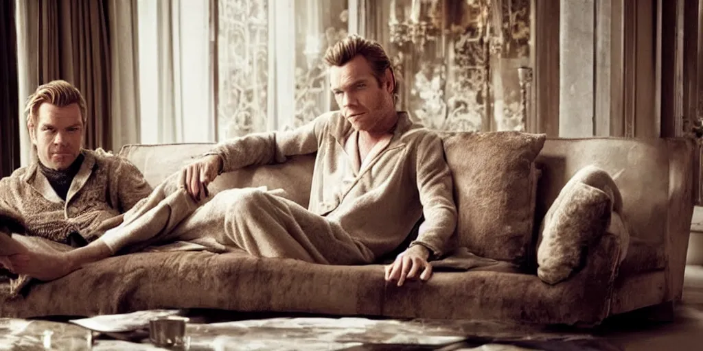 Image similar to ewan mcgregor is dressed to a pajamas. he is sitting on a sofa. on his lap is a brown cat. elegant. nice. epic scene. charismatic. light from window