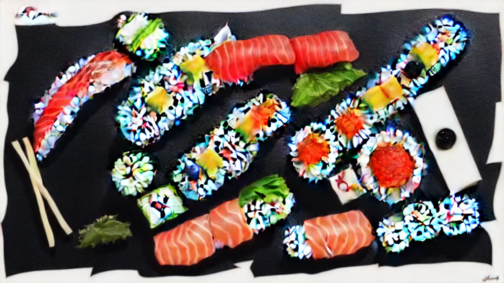 Image similar to an arrangement sushi, japan, a collage painting, in the style of wes anderson, lola dupre, david hockney, isolated on negative white space background dark monochrome neon spraypaint accents volumetric octane render