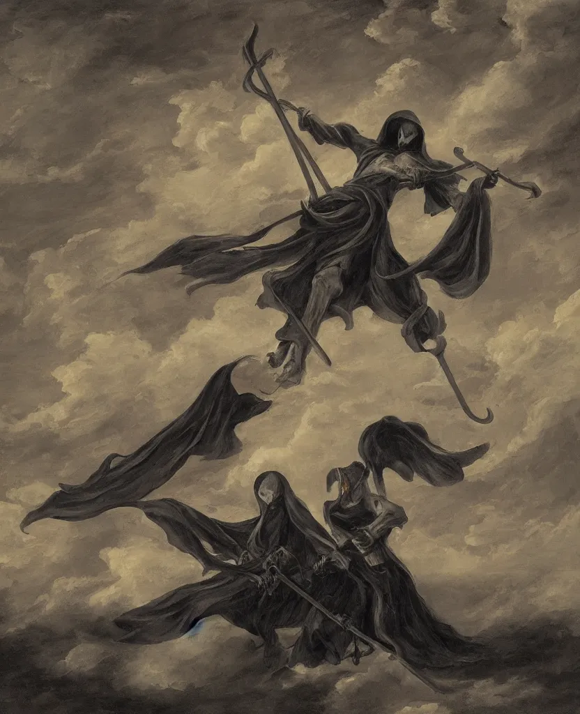 Prompt: a grim reaper holding nine scythes walking on the clouds