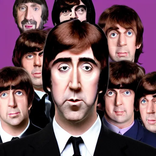 Image similar to nic cage superimposed into a photo as the fifth beatle