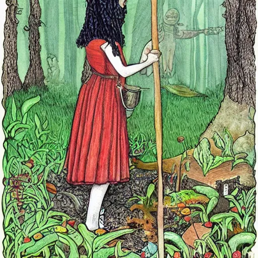 Image similar to the blacksmits’ daughter, working in the forge, fantasy art in the style of Elsa Beskow,