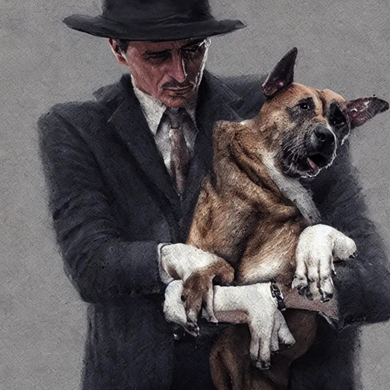 Prompt: man holding a dog photograph, the godfather film screencap, greg rutkowski