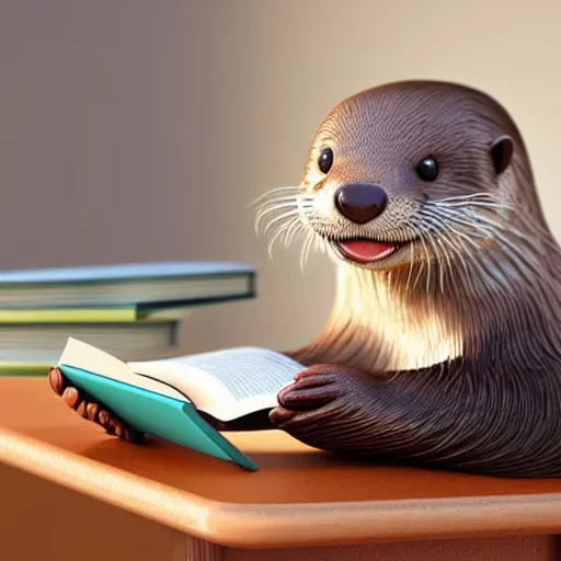 Prompt: a cute smiling otter reading a book at a desk, realistic