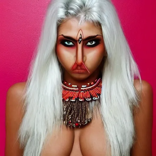 Image similar to hot tribal warrior cute girl big eyes pouty lips tanned skin white hair