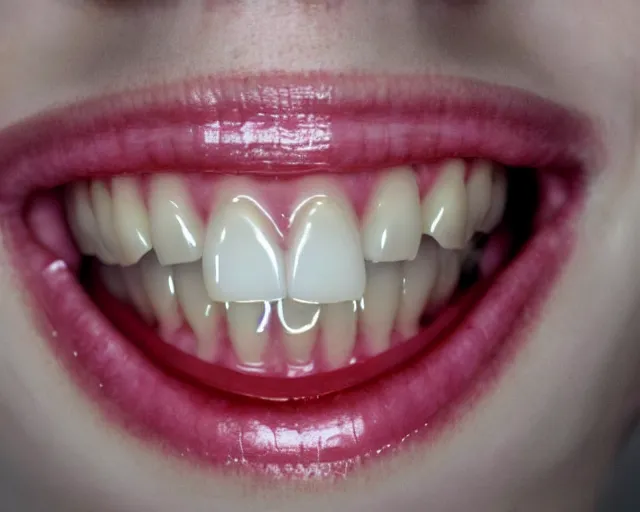 Image similar to a dentist's view of a wide open mouth with a lot of teeth. the teeth are glowing with an unknown holy presence.