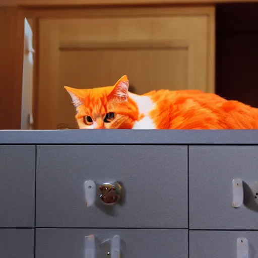 Image similar to an orange cat staring in a table drawer ~ on fire ~ fire ~ high - resolution photo ~