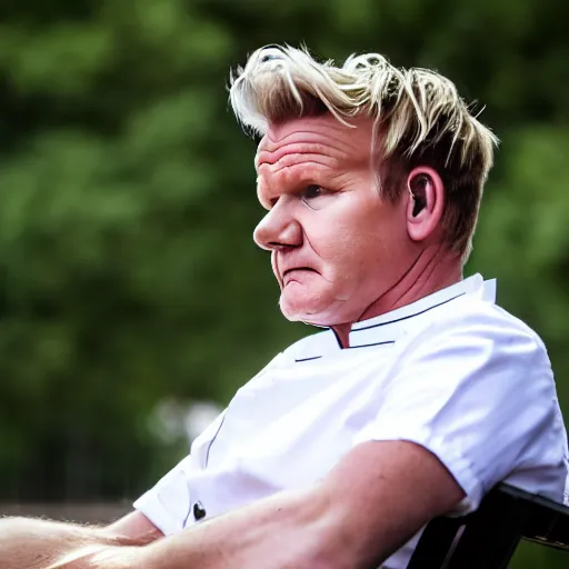 Prompt: dslr photo still of sad gordon ramsay sitting on a park bench with a tear on his cheek, 8 k, 1 1 0 mm f 1 6